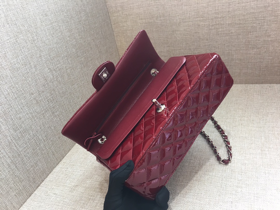 Medium Classic Flap Patent Leather Bag AO1112 Dark Red/Silver